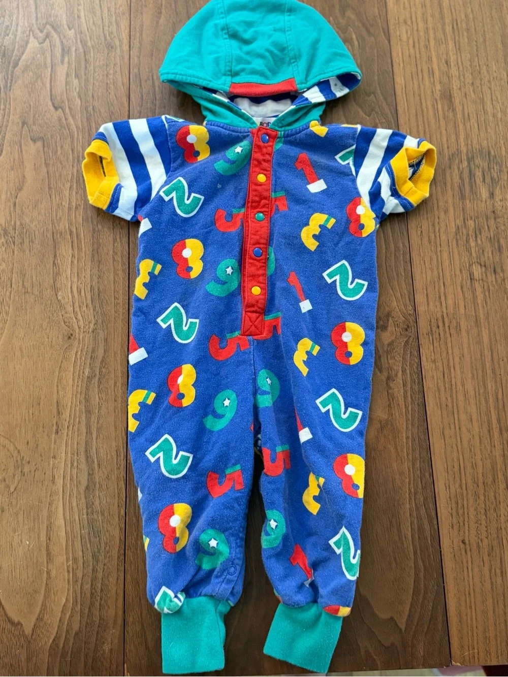 1990s Gymboree Rainbow Tag Colorful Numbers Hooded One-Piece Romper - Blue